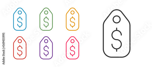 Set line Price tag with dollar icon isolated on white background. Badge for price. Sale with dollar symbol. Promo tag discount. Set icons colorful. Vector