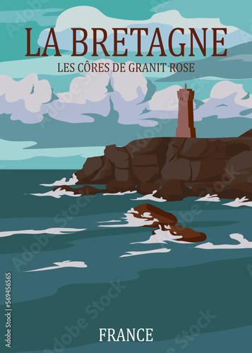 Travel retro poster La Bretagne France Lighthouse