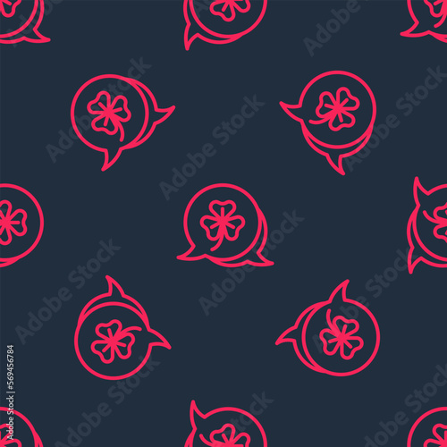 Red line Clover trefoil leaf icon isolated seamless pattern on black background. Happy Saint Patricks day. National Irish holiday. Vector