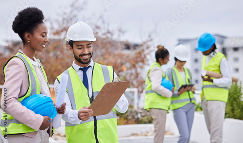Construction worker team, discussion and clipboard for planning vision, strategy and blueprint for property. Architect group, black woman and men with tablet, helmet and conversation for development