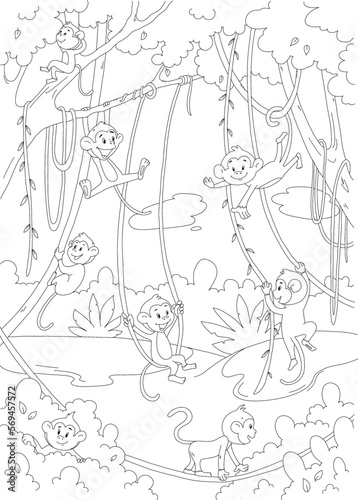 monkeys on vines in the jungle coloring