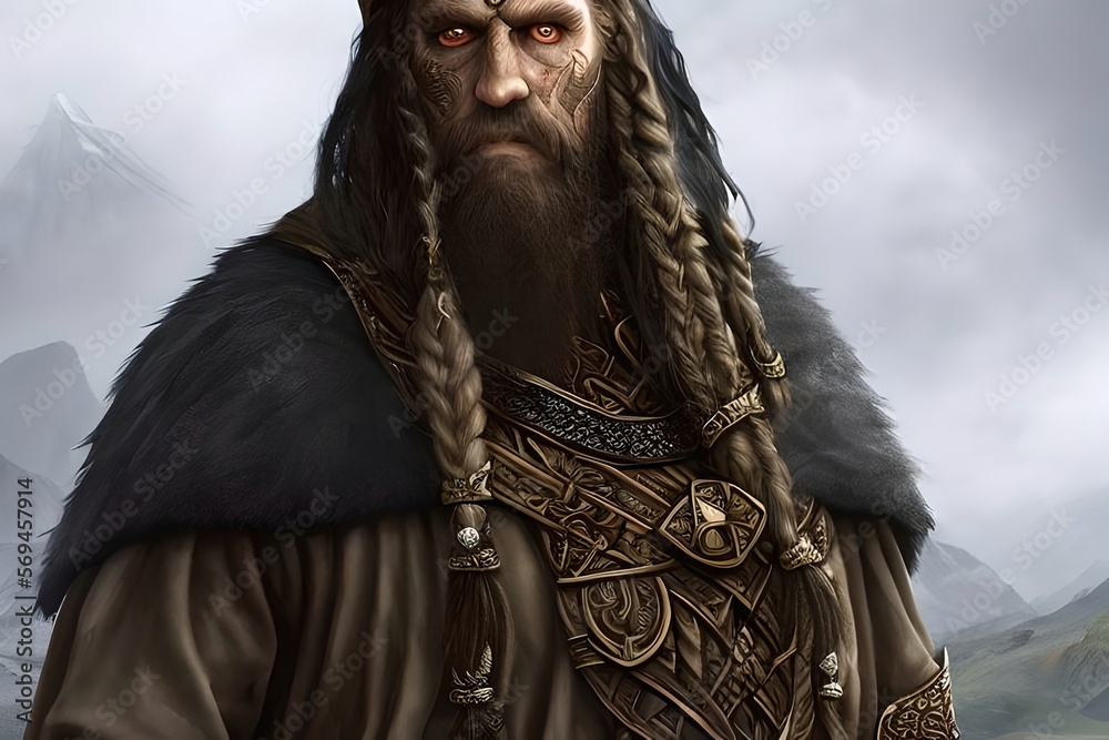 Portrait of viking man from the north. Scandinavian towns. God, king, necromancer, druid. Generative AI technology Portrait of viking man from the north. Scandinavian towns. God, king, necromancer, druid. Generative AI technology