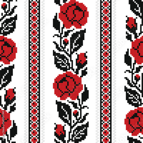 Realistic Cross-Stitch Embroideried Seamless Pattern with Roses. Ethnic Floral Motif, Handmade Stylization. Traditional Ukrainian Red and Black Embroidery. Ethnic Design. Vector 3d Illustration