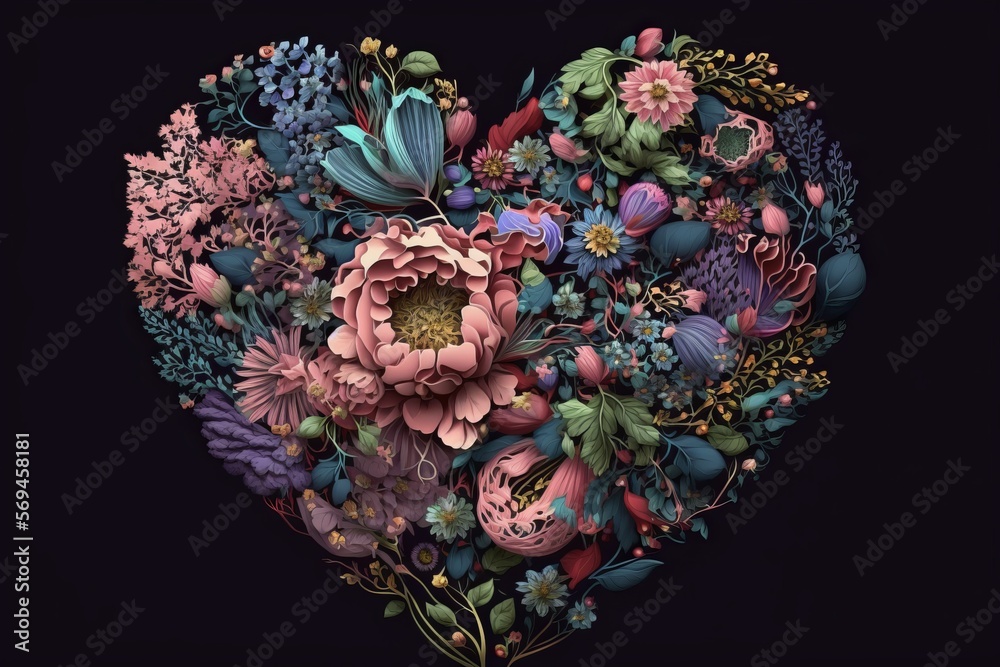Generative AI. Beautiful flowers in the form of a heart. Illustration for Valentine's Day or the eighth of March