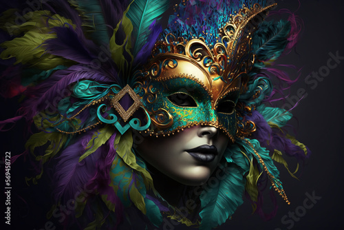 Mysterious woman in carnival Mardi Gras mask with lush long feathers in blue-green, purple and gold colors on a dark gray background. Digital Illustration generated by AI.