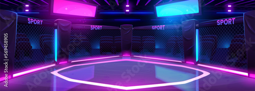 Cartoon boxing ring illuminated with neon lights. Vector illustration of arena with ropes for sports competition, wrestling match, night show. Empty seats, blank score screens. Betting app background