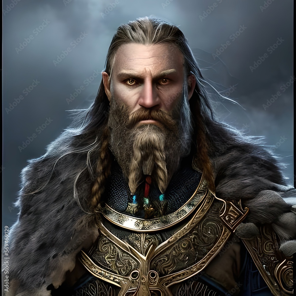Portrait of viking man from the north. Scandinavian towns. God, king