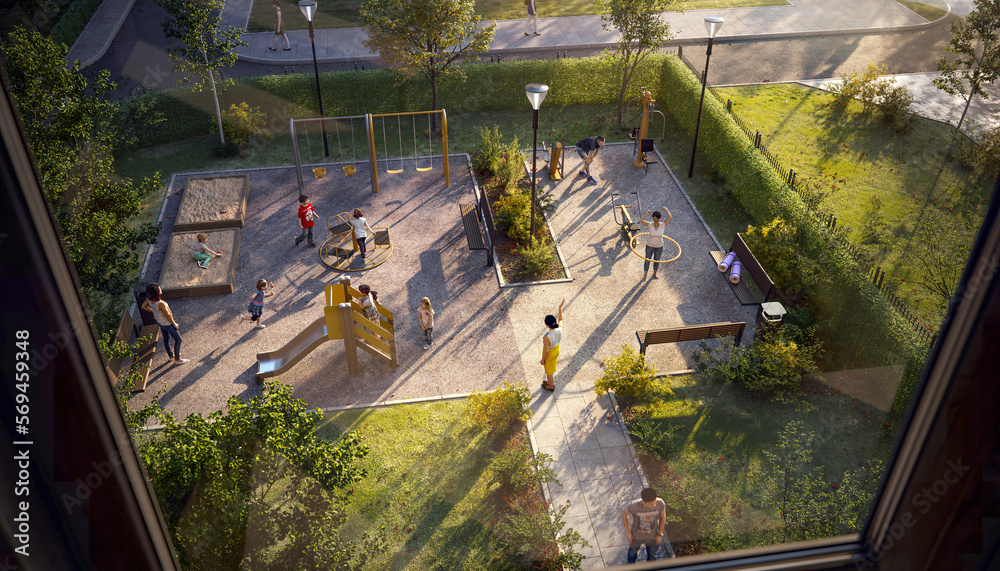 Courtyard of a residential complex 3d rendering children playing, parents nearby Courtyard of a residential complex 3d rendering children playing, parents nearby