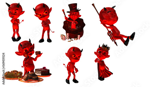 3d render wishpering imps, little red devils, seven sins, gluttony, anger, arrogance, lust, laziness, greed, photo