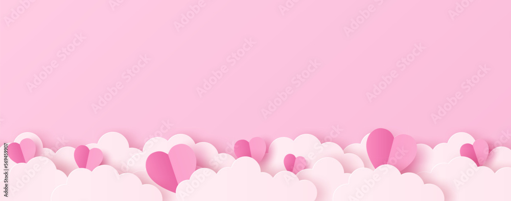 Paper cut of heart shape and clouds on pink background. Valentines background with copy space for your text. Vector illustration