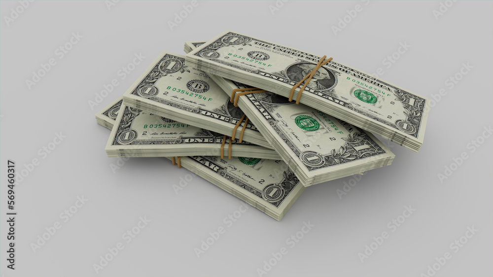 Five bundles of One Dollar Bills. Banking concept with Money on White Surface. Five bundles of One Dollar Bills. Banking concept with Money on White Surface.