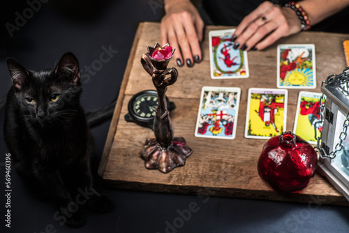 A black cat is sitting near the fortuneteller's table. A woman lays out the tarot cards by the light of a lantern and a candle. Selective focus.