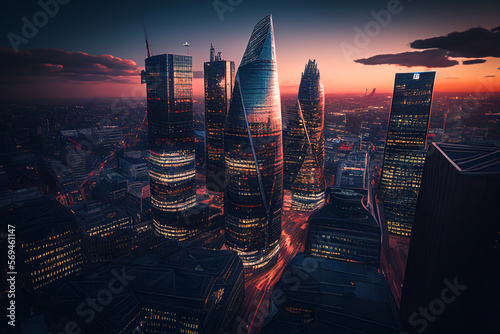 City of London skyscrapers. London  banking district in city center. London skyscraper at sunset  aerial view. England  UK. Cityscape financial district. Willis Building  Tower Exchange. AI Generative