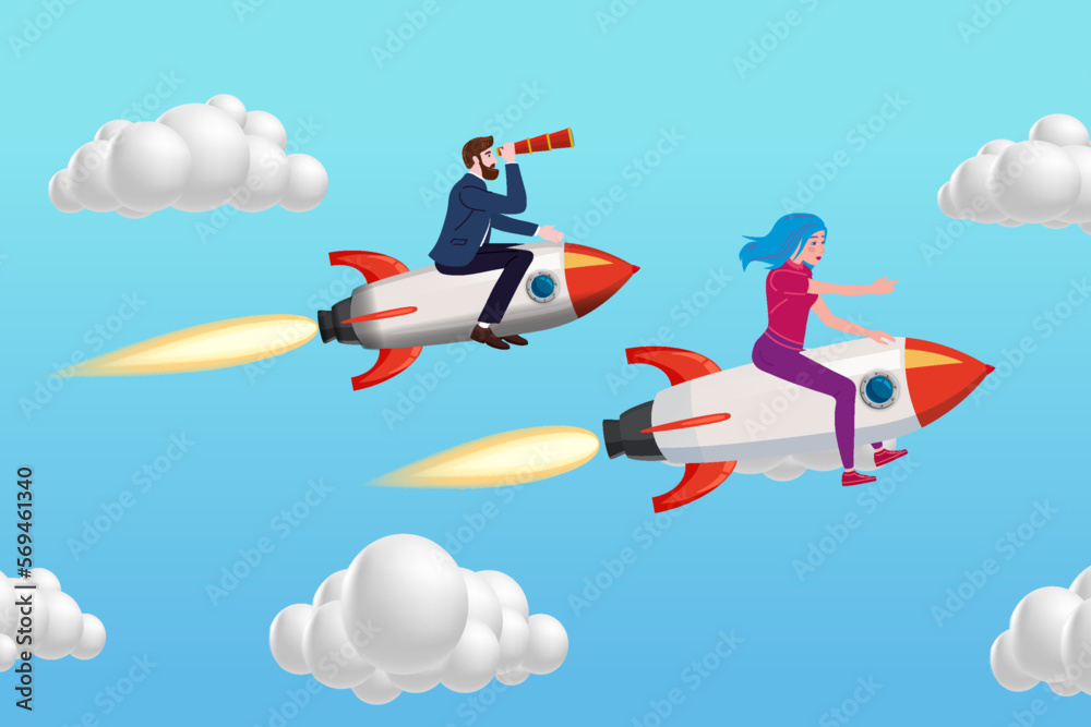 Businessman with Businesswoman on a rockets fly through sky. Start up, goal achievement metaphors. Clouds background. Vector illustration Businessman with Businesswoman on a rockets fly through sky. Start up, goal achievement metaphors. Clouds background. Vector illustration