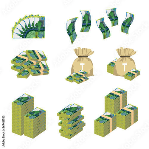 Kazakh Tenge Vector Illustration. Huge packs of Kazakhstan money set bundle banknotes. Bundle with cash bills. Deposit, wealth, accumulation and inheritance. Falling money 2000 KZT