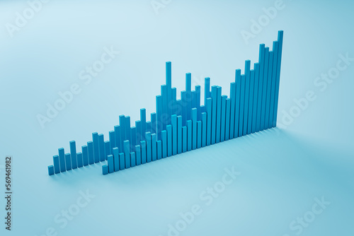 Market growth and investing concept with blue graphic volumetric financial chart graph isolated on light blue background. 3D rendering
