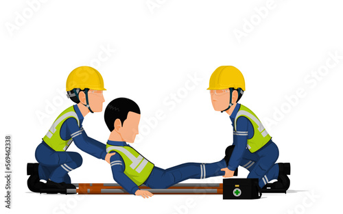 Two workers is laying the patient on the stretcher