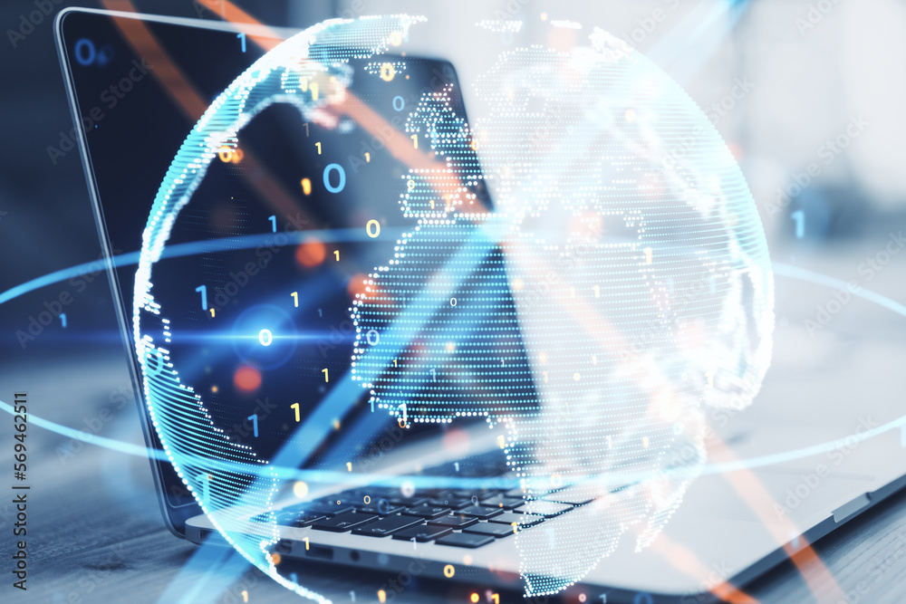 Fototapeta premium Close up of laptop with abstract globe sphere with coding and polygonal network on blurry background. Future, technology and digital world concept. Double exposure.