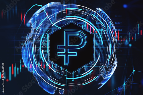 Abstract glowing ruble hologram, forex chart and blurry round hud on dark wallpaper. Money, digital banking and finance concept. 3D Rendering. photo