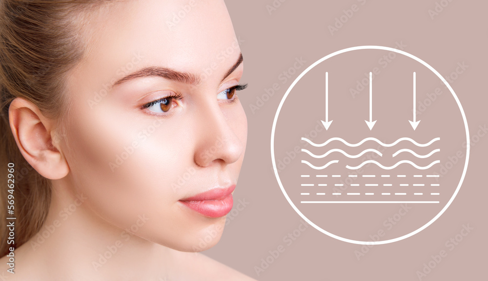 Infographic shows lifting skin process of young woman face. Stock Photo