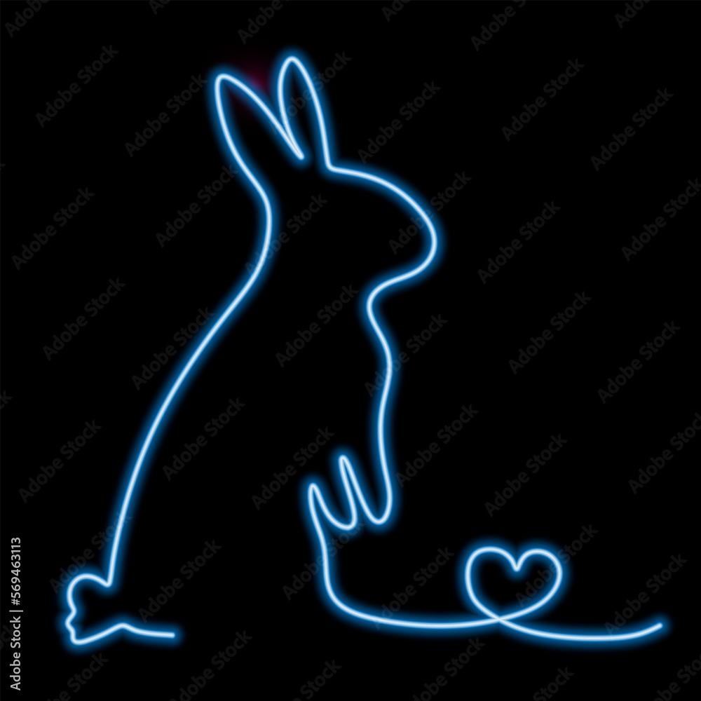 Rabbit in neon light. Glowing neon bunny. one line rabbit with heart in vivid blue color. vector Rabbit in neon light. Glowing neon bunny. one line rabbit with heart in vivid blue color. vector