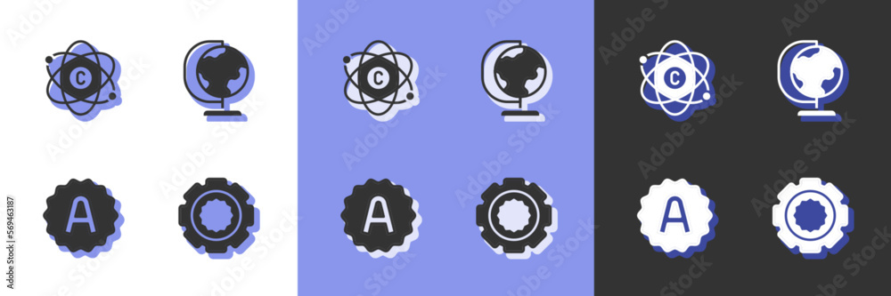 Set Gear, Atom, Exam sheet with plus grade and Earth globe icon. Vector Set Gear, Atom, Exam sheet with plus grade and Earth globe icon. Vector