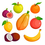 Set of cartoon fruits. Papaya, apple, peach, fig, lemon, grapefruit, coconut and banana. Vector graphic.	