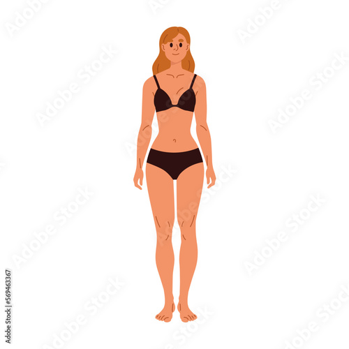 Slim woman in underwear. Girl in bikini, bra and panties, lingerie. Female character with slender thin body, figure, standing portrait. Flat graphic vector illustration isolated on white background