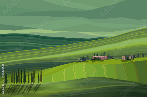 Typical green landscape of Tuscany hills, Italy, realistic vector illustration
