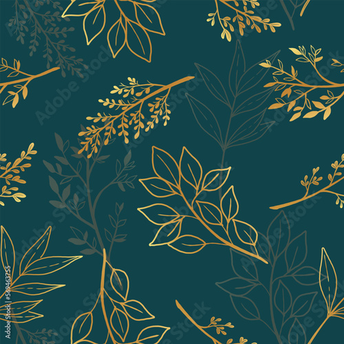 vector  seamless pattern golden leave on dark green color