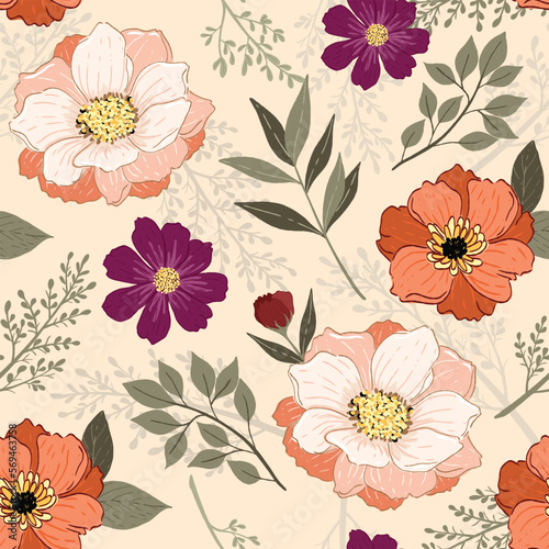 vector seamless pattern with hand drawn flower and leave