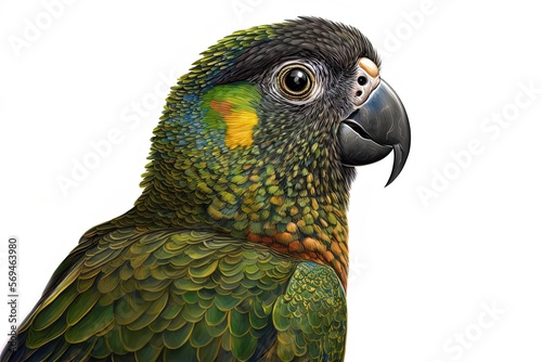 A white backdrop frames a picture of a kea, or nestor notabilis parrot. Generative AI photo