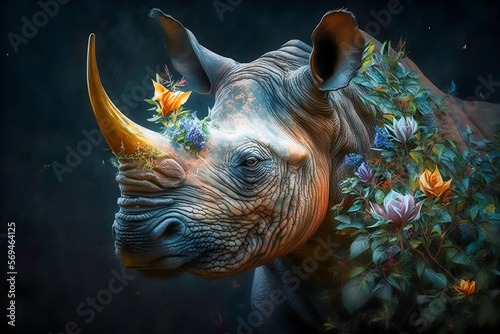 Artistic portrait of a rhino surrounded by vibrant florals, Generative AI.