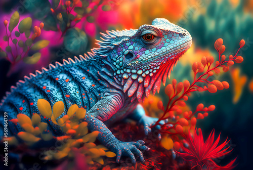Whimsical iguana portrait, surrounded by lush florals and nature, Generative AI. photo