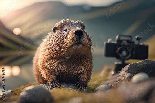 Portrait d'un ragondin en vacances à la montagne » IA générative photo