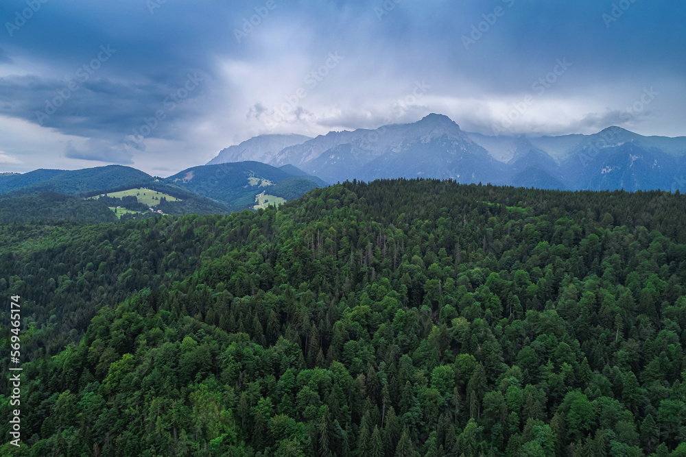Fototapeta premium Aerial view of a beautiful landscape from Bucegi mountains in Romania, with forest green trees and cloudy sky. Travel to Romania.