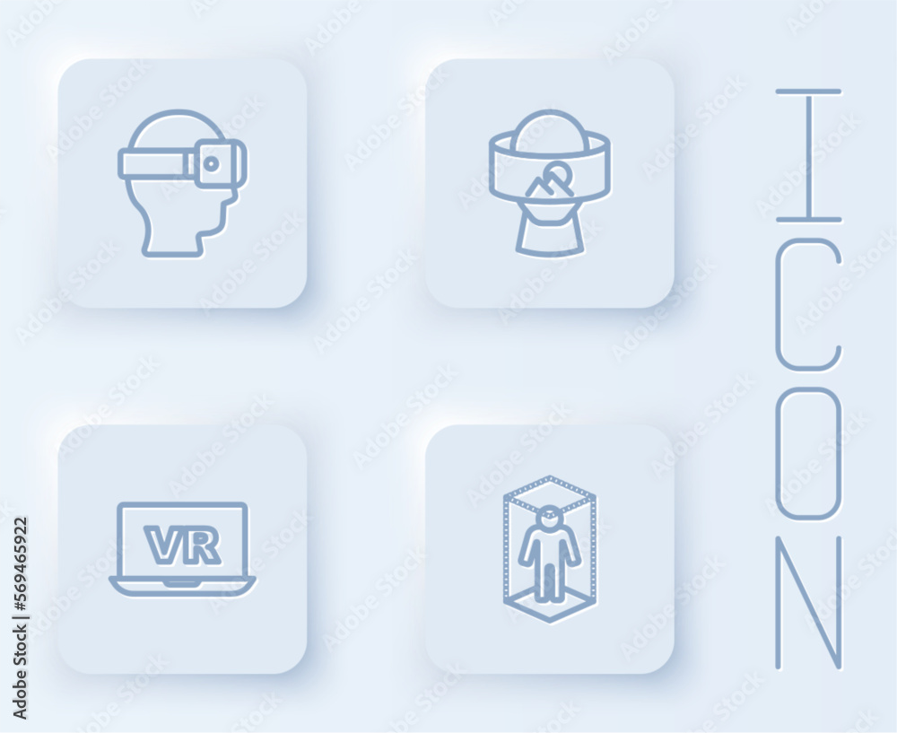 Set line Virtual reality glasses, and 3d modeling. White square button. Vector Set line Virtual reality glasses, and 3d modeling. White square button. Vector