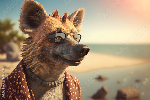 Portrait d'une hyène en vacances à la mer » IA générative