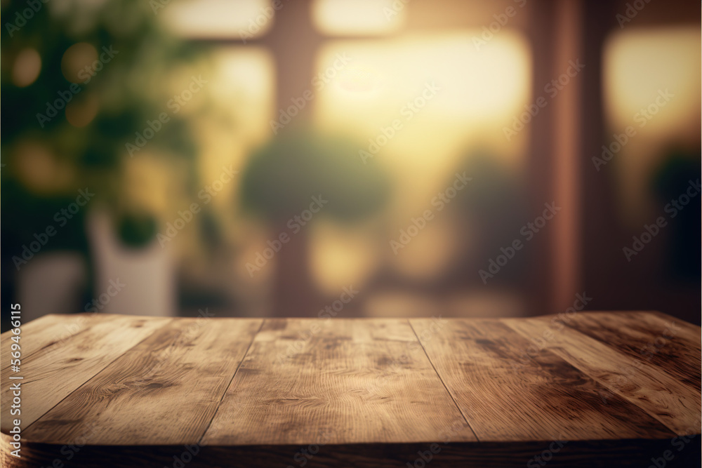 Unoccupied wooden board table in front of hazy background generative AI