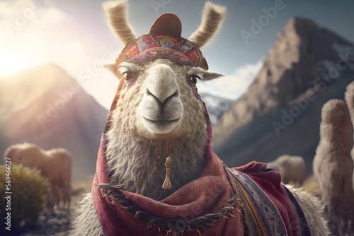 Portrait d'un lama en vacances à la montagne » IA générative photo