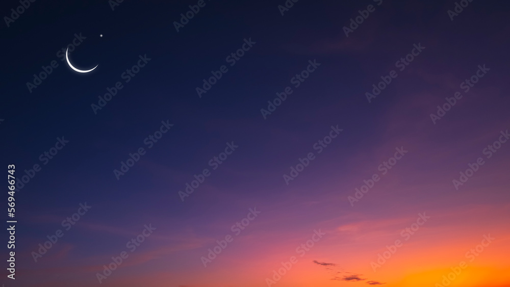 Crescent moon and Star on Dusk sky with beautiful Twilight, Evening sky background with free space for editing arabic text, Ramadan, Eid al-Adha, Eid al-fitr, Mubarak Crescent moon and Star on Dusk sky with beautiful Twilight, Evening sky background with free space for editing arabic text, Ramadan, Eid al-Adha, Eid al-fitr, Mubarak