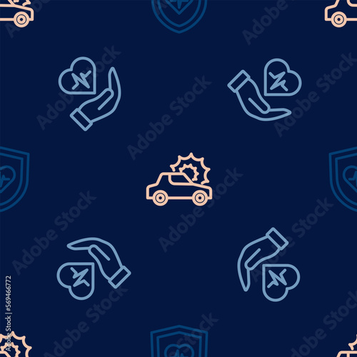 Set line Life insurance with shield  hand and Car on seamless pattern. Vector