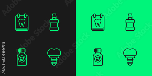 Set line Dental implant, Toothache painkiller tablet, Calendar with tooth and Mouthwash icon. Vector