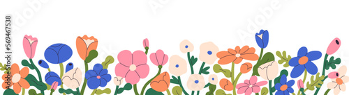 Spring meadow flowers border. Banner with summer garden, floral decoration. Blooming plants, petals, leaves, decorative horizontal pattern. Flat vector illustration isolated on white background