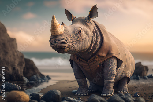 Portrait d un rhinoc  ros en vacances    la mer    IA g  n  rative