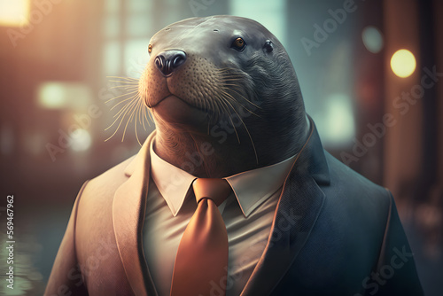 Portrait d'un phoque anthropomorphe businessman travaillant dans les bureaux de sa société » IA générative photo