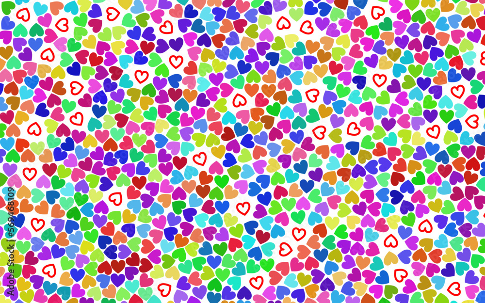A background of colored hearts, where there are also red, right hearts at random.