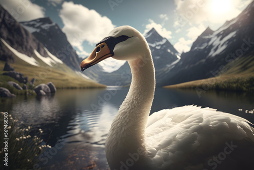 Fototapeta Naklejka Na Ścianę i Meble -  Portrait d'un cygne en vacances à la montagne » IA générative