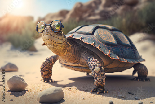 Portrait d'une tortue en vacances à la mer » IA générative © Maelgoa
