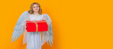Angel with gift box present. Beautiful little angel. Isolated studio shot. Cute Pretty child with angel wings. Cupid, valentines day concept. Horizontal header, banner.